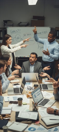 Typische Probleme ohne klare Strategie – Team im Konflikt im Unternehmensmeeting
